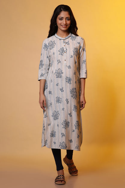 Beige and Blue Floral Printed Kurta