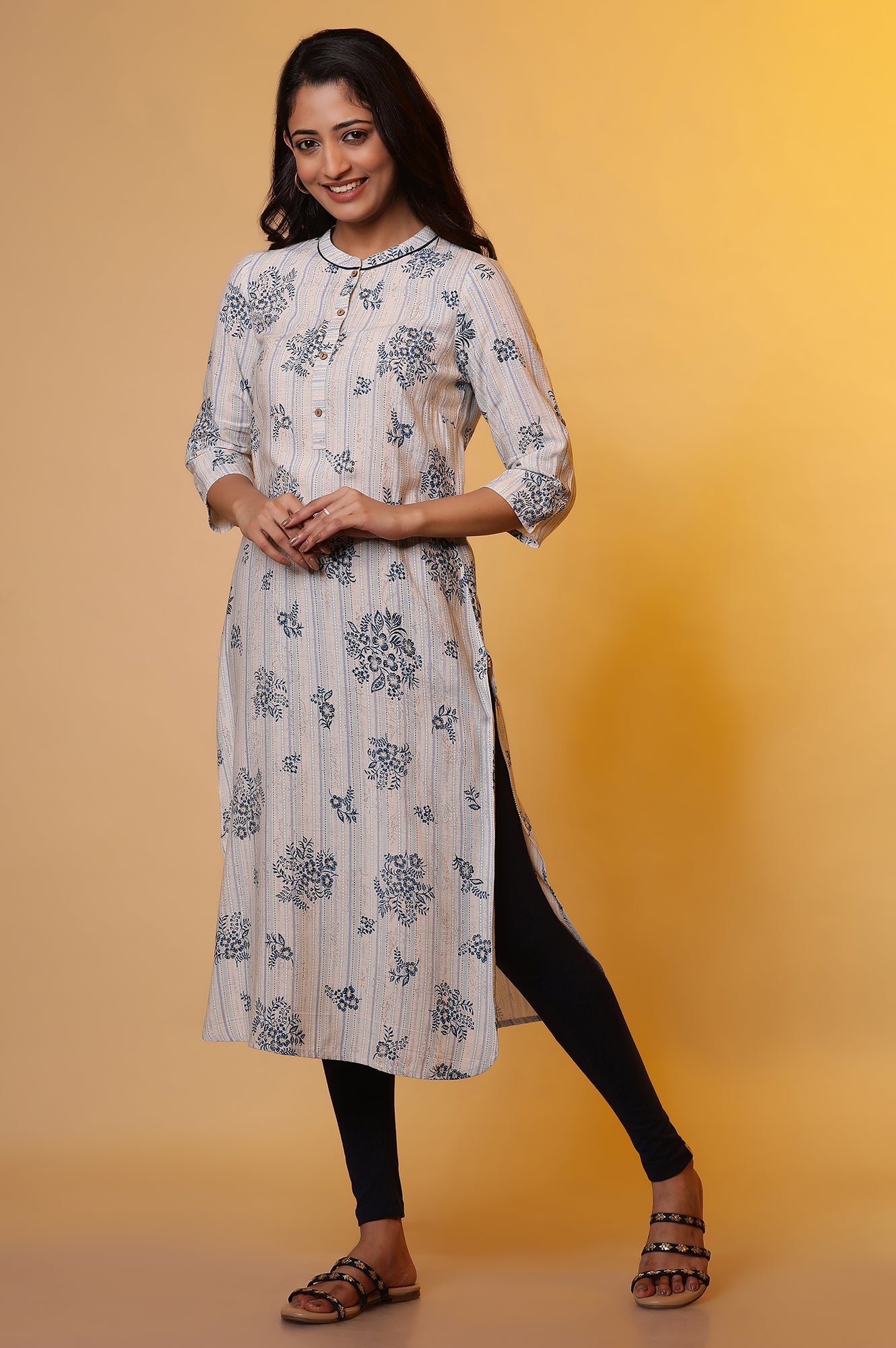 Beige and Blue Floral Printed Kurta