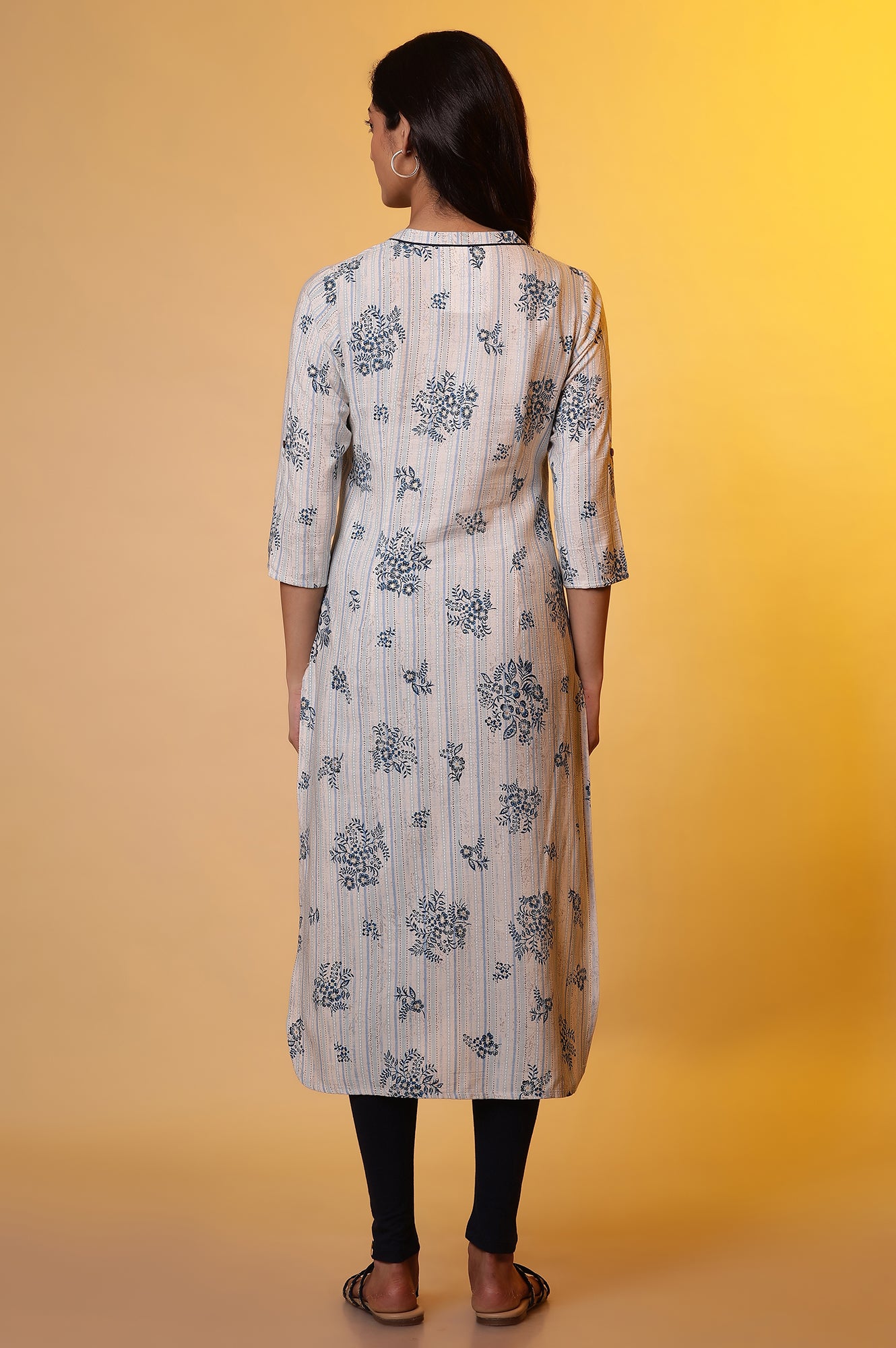 Beige and Blue Floral Printed Kurta