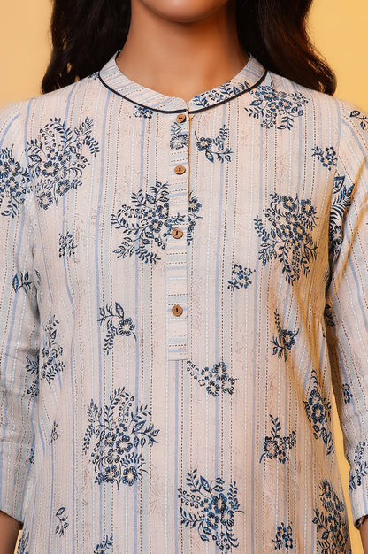 Beige and Blue Floral Printed Kurta