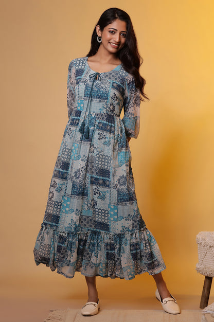 Blue Chiffon Tiered Printed Dress