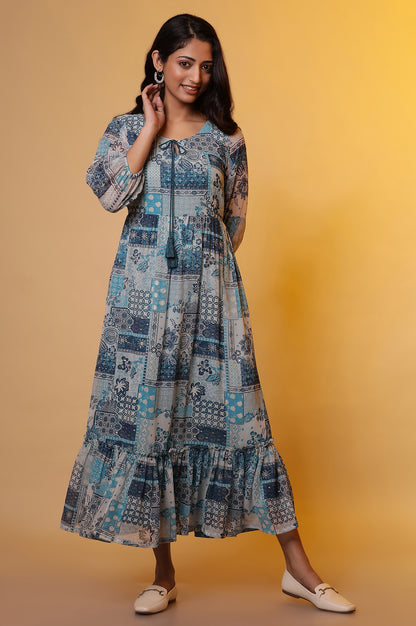 Blue Chiffon Tiered Printed Dress