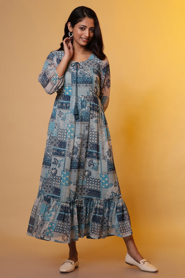 Blue Chiffon Tiered Printed Dress