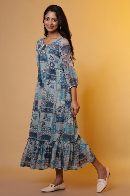 Blue Chiffon Tiered Printed Dress