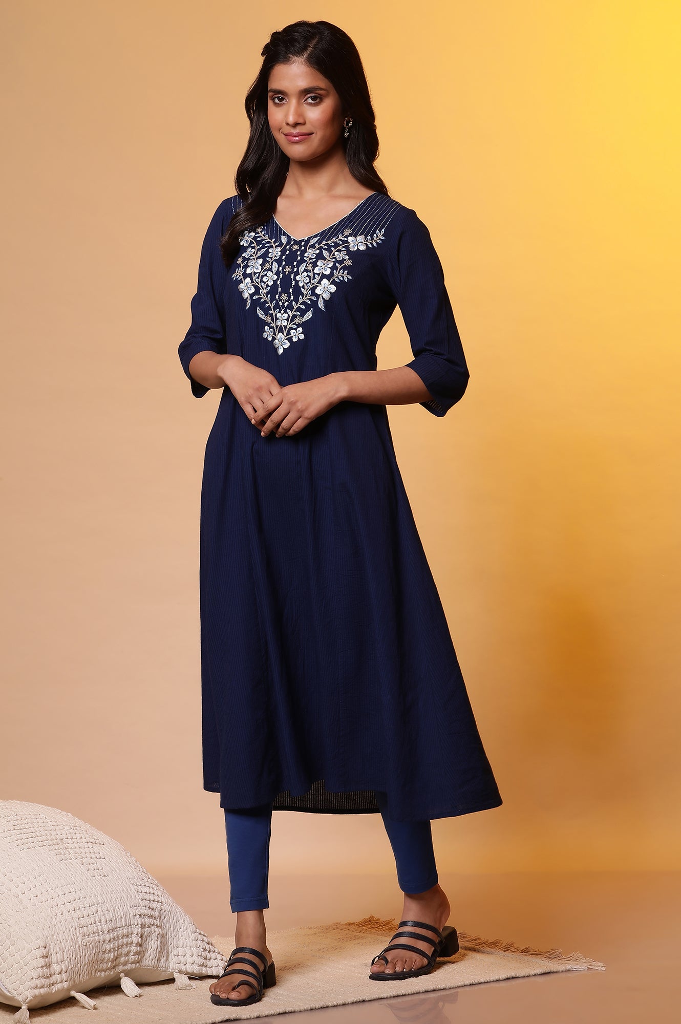 Blue A-line Striped Embroidered Kurta