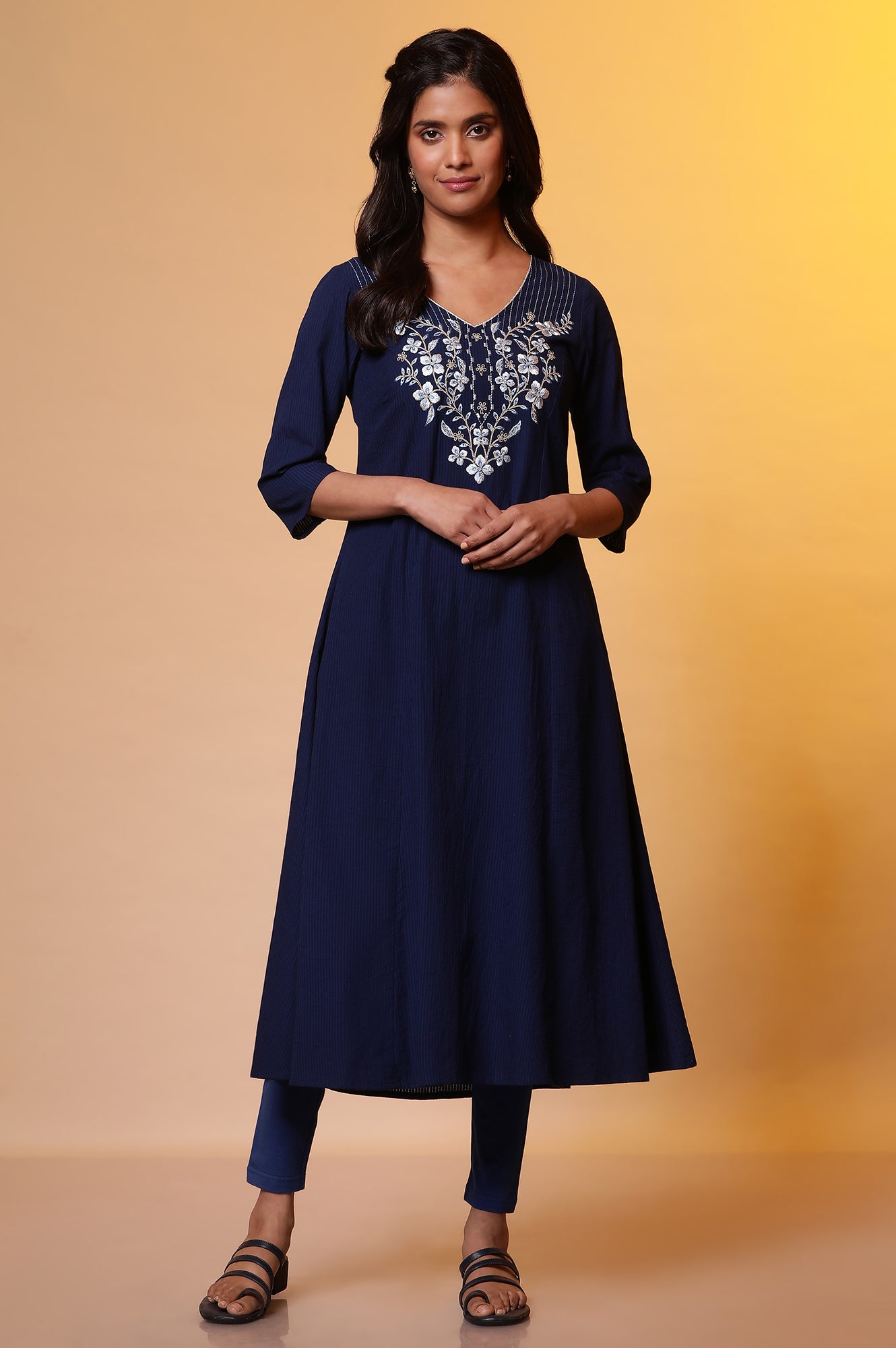 Blue A-line Striped Embroidered Kurta