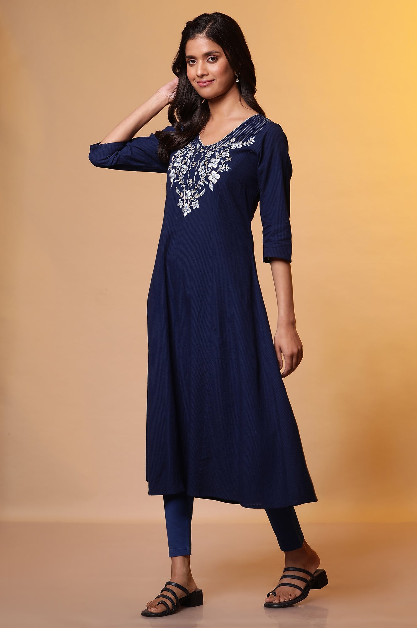 Blue A-line Striped Embroidered Kurta