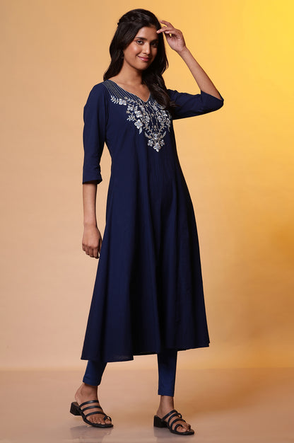 Blue A-line Striped Embroidered Kurta