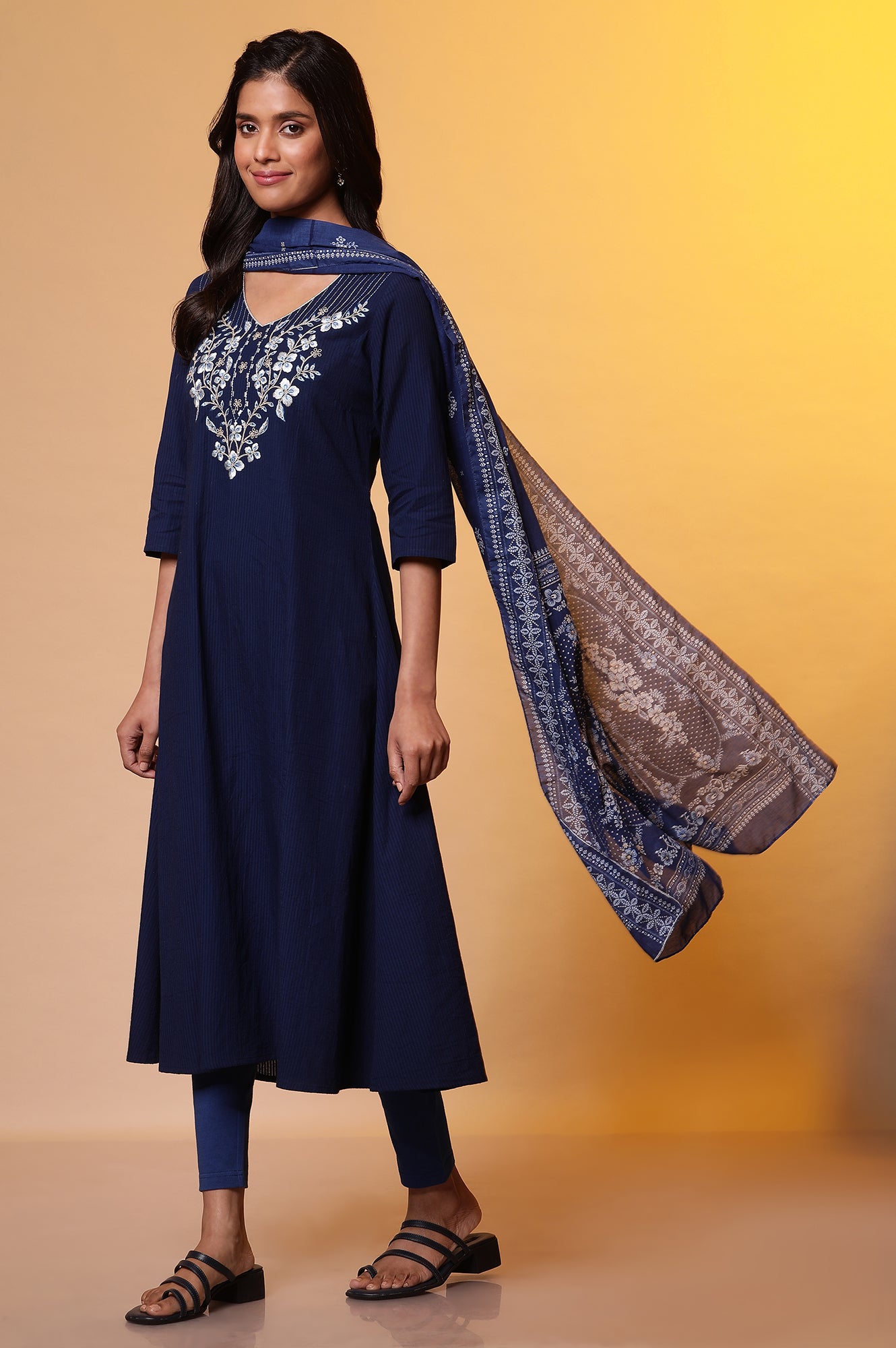 Blue A-line Striped Embroidered Kurta