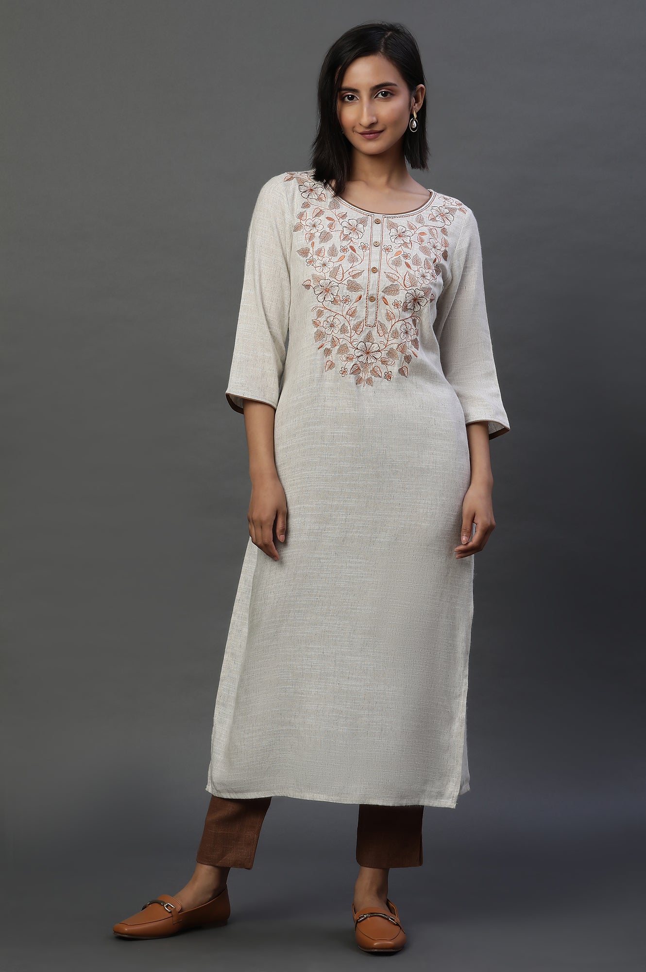 Natural Yarn Dyed Embroidered Kurta