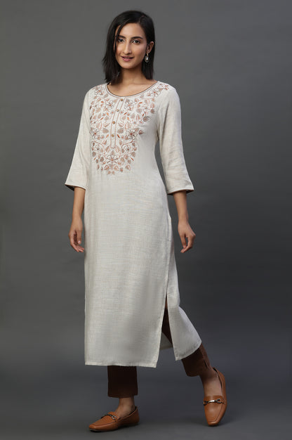 Natural Yarn Dyed Embroidered Kurta