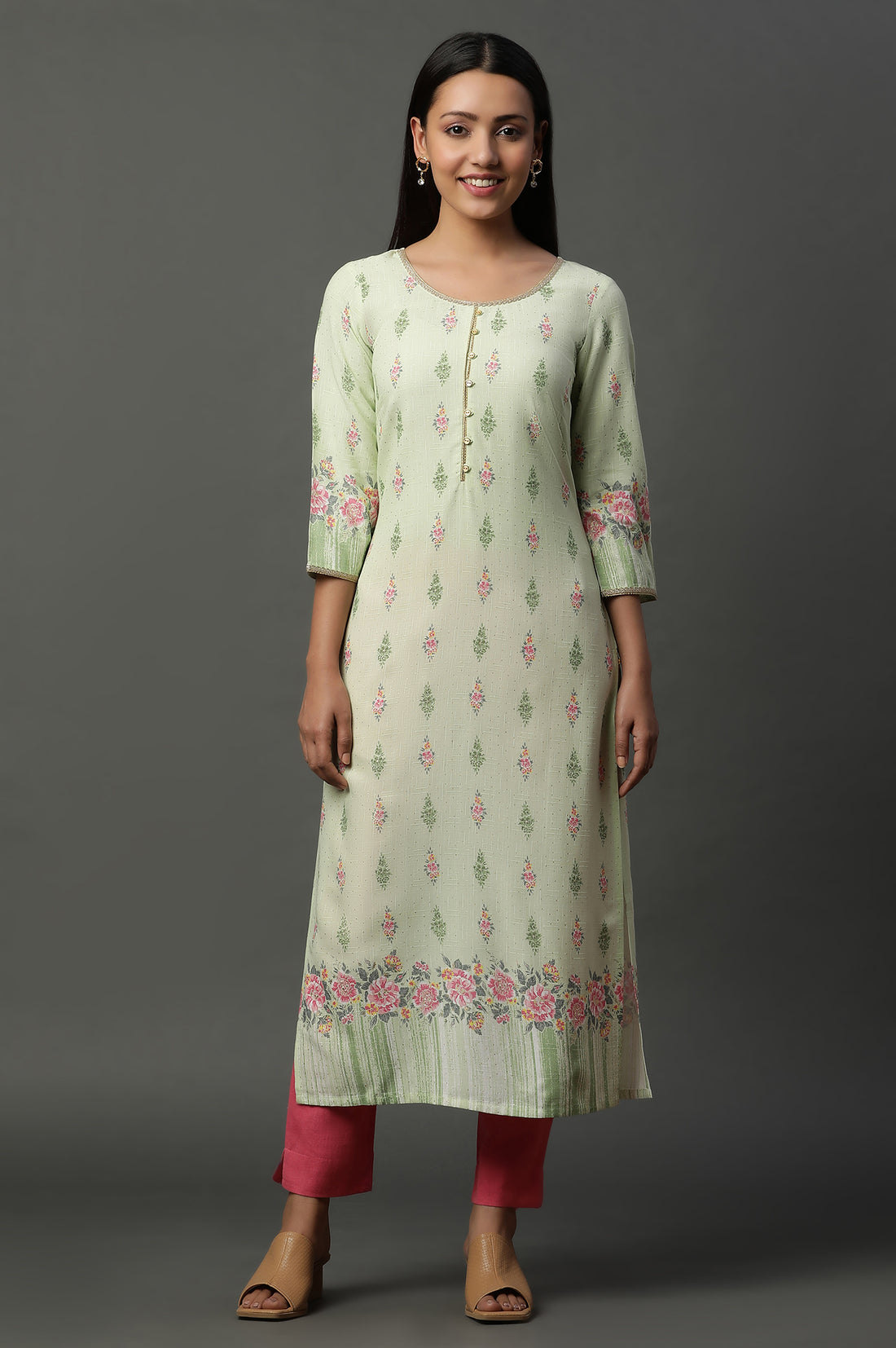 Green Floral Printed Straight Kurta