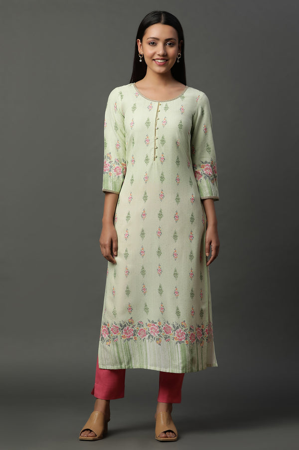 Green Floral Printed Straight Kurta