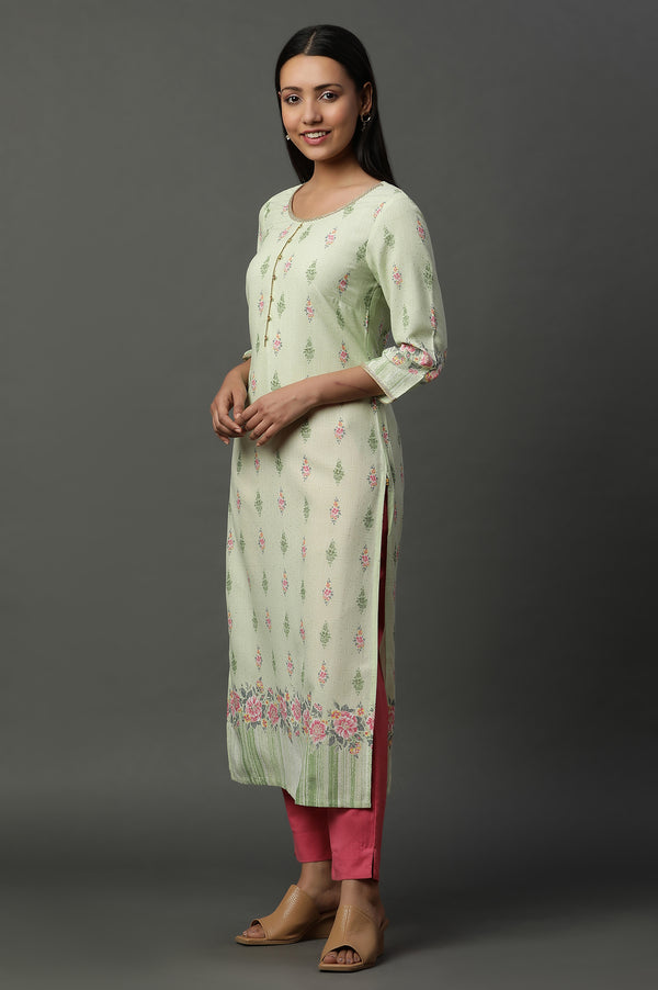 Green Floral Printed Straight Kurta