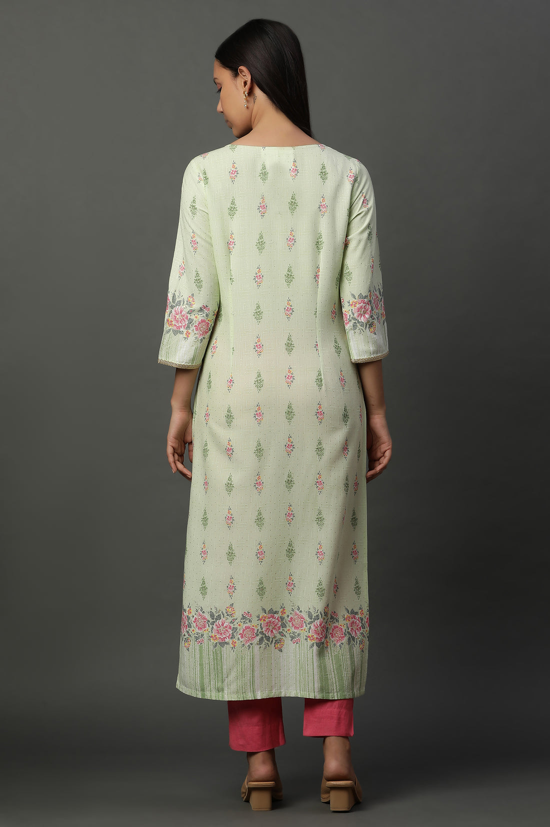 Green Floral Printed Straight Kurta