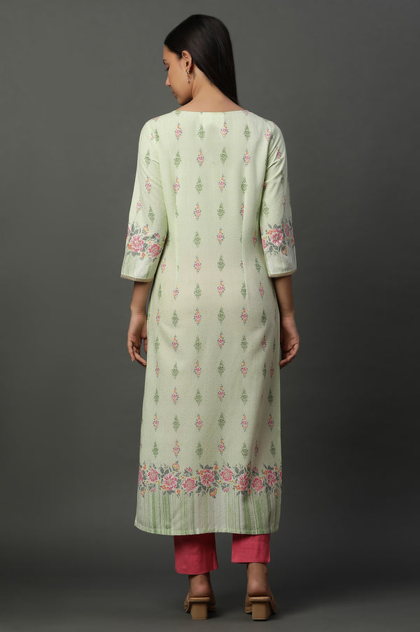Green Floral Printed Straight Kurta