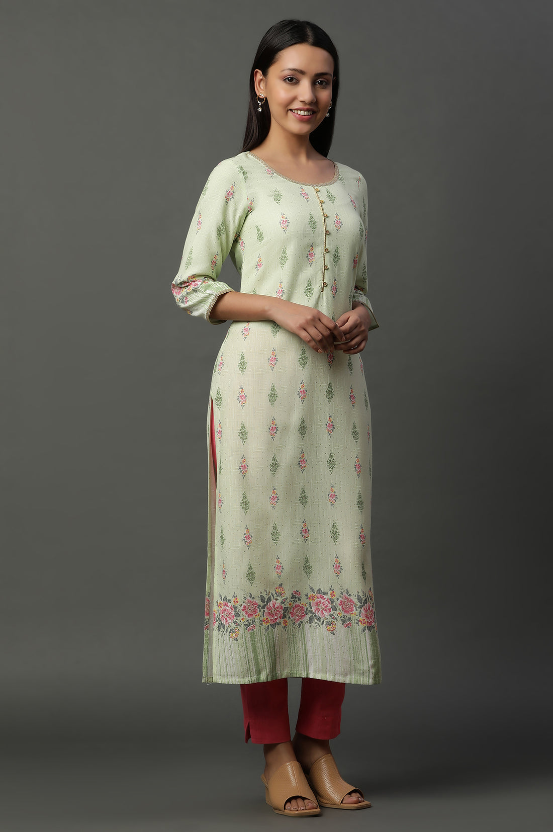 Green Floral Printed Straight Kurta