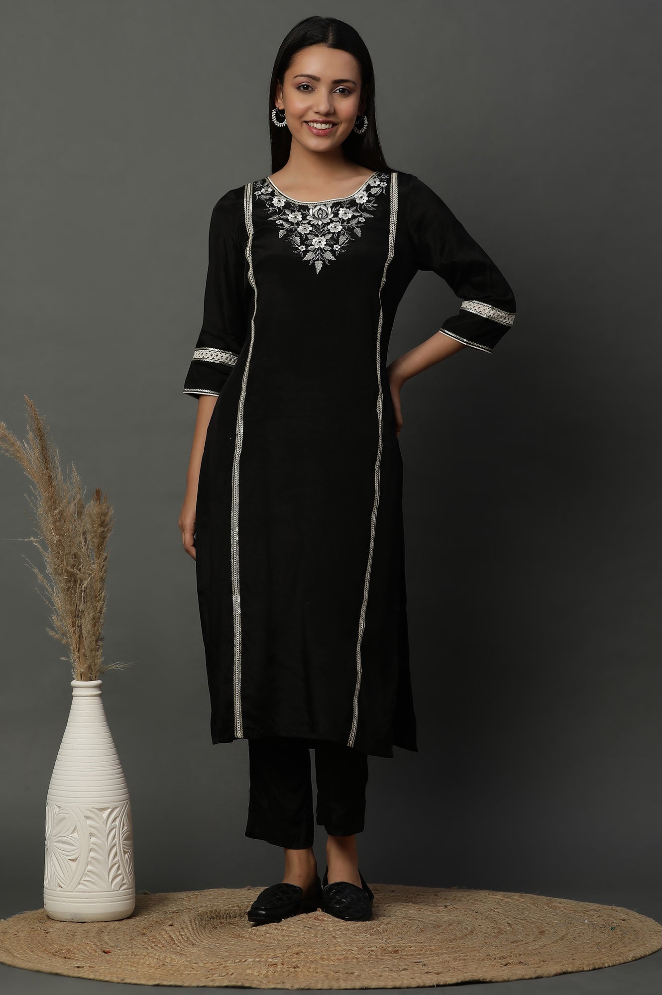 Black Shantung Embroidered Kurta