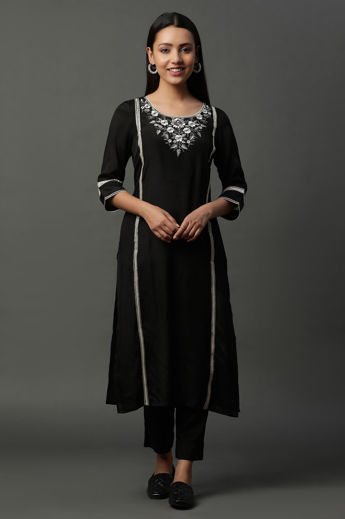 Black Shantung Embroidered Kurta