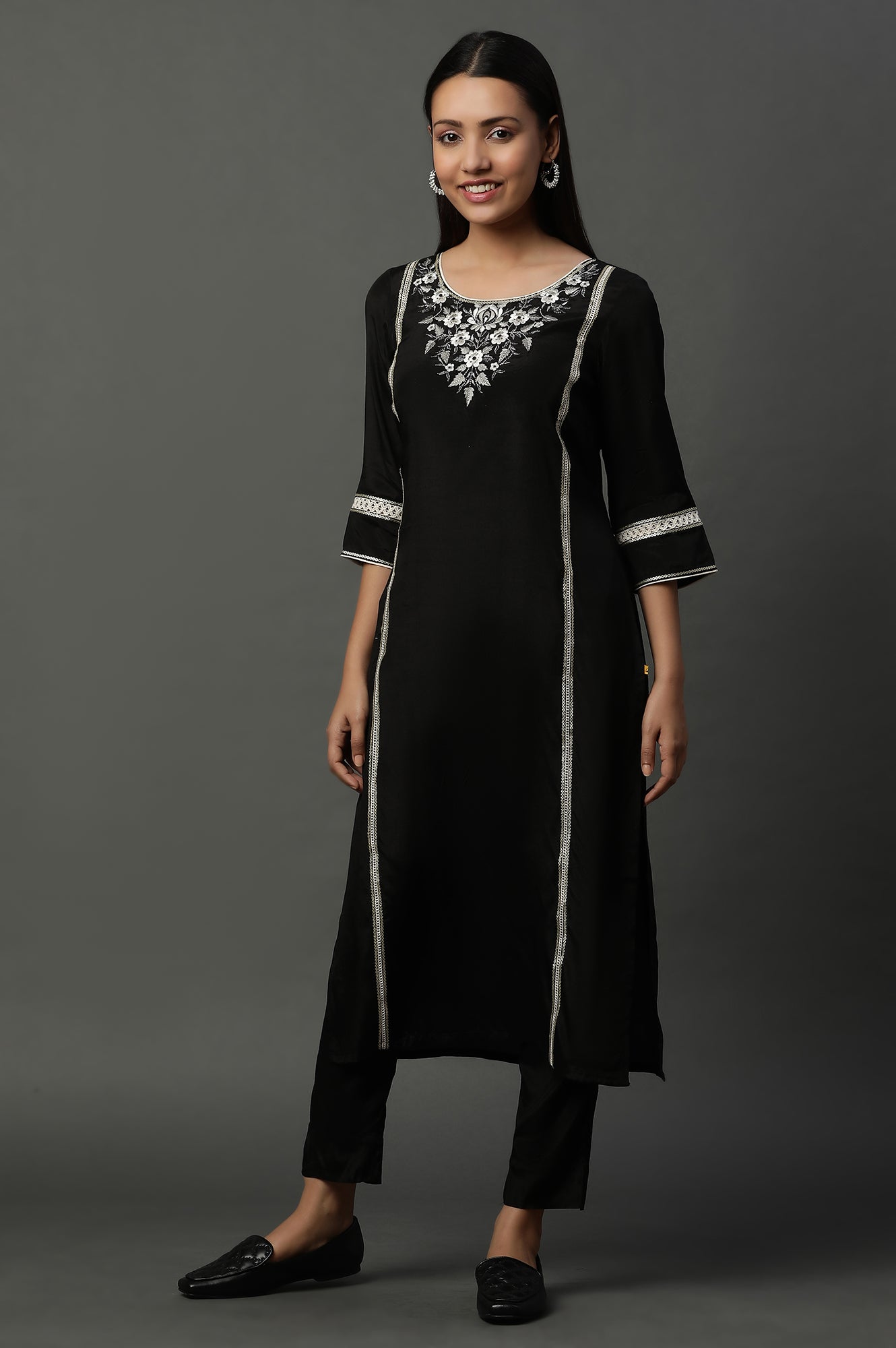 Black Shantung Embroidered Kurta