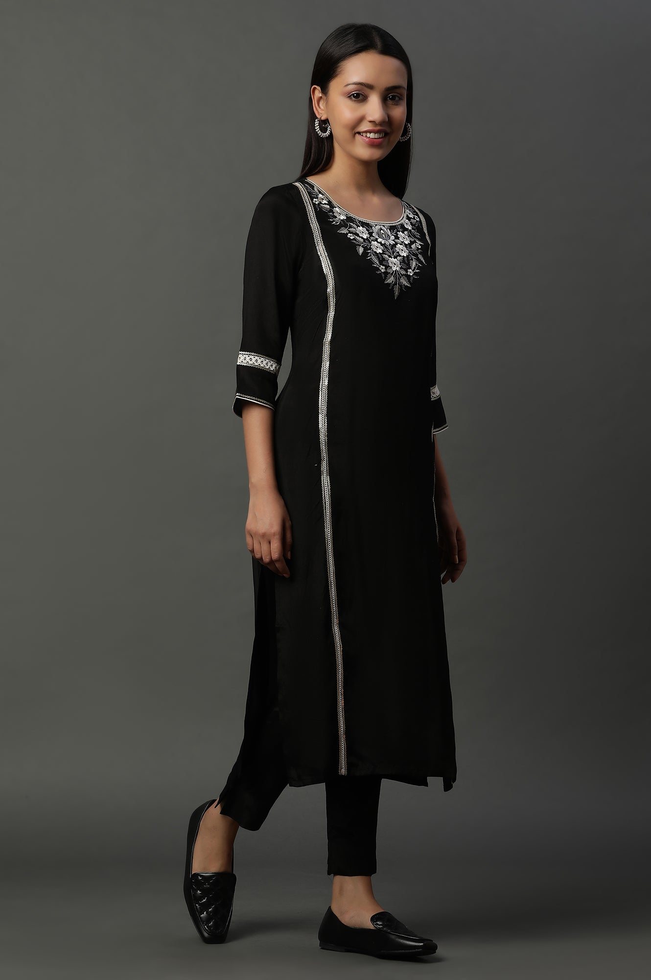 Black Shantung Embroidered Kurta