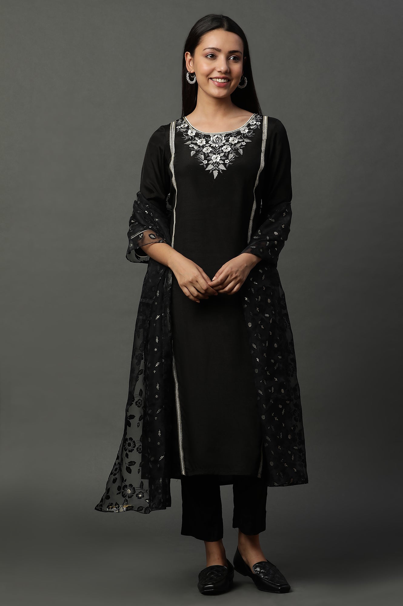 Black Shantung Embroidered Kurta