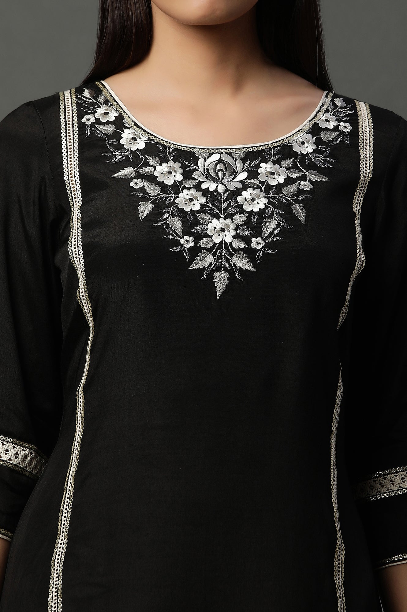 Black Shantung Embroidered Kurta