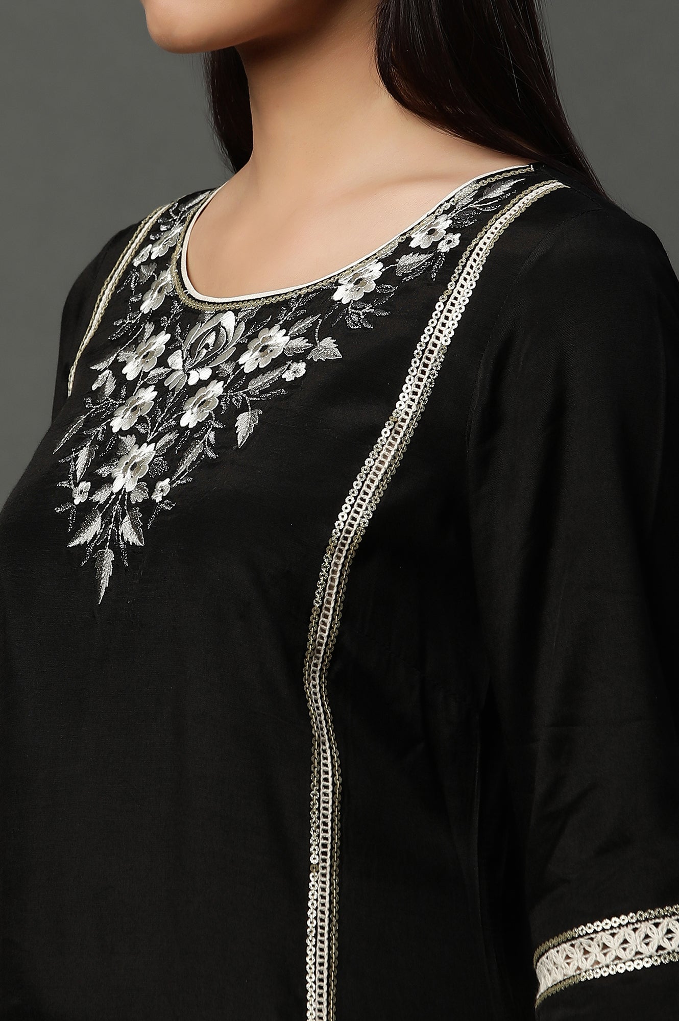 Black Shantung Embroidered Kurta