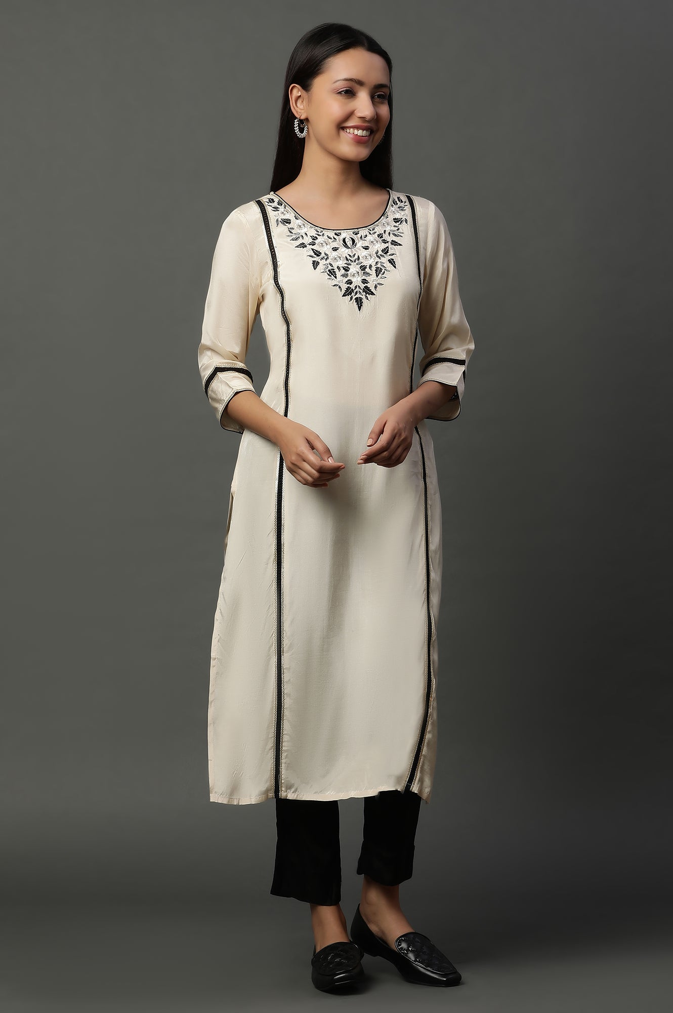 White Shantung Embroidered Kurta