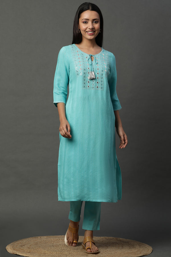 Elleven Women's Blue Mirror Embroidered Straight Kurta