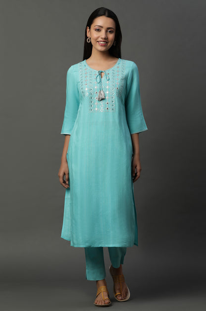 Blue Mirror Embroidered Straight Kurta