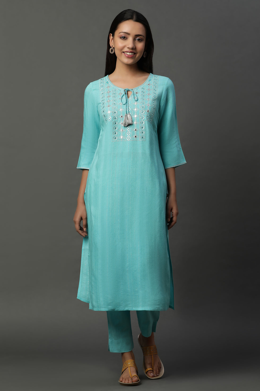 Blue Solid Mirror Embroidered Straight Woven Kurta