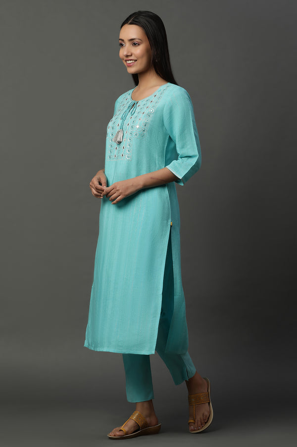 Blue Solid Mirror Embroidered Straight Woven Kurta