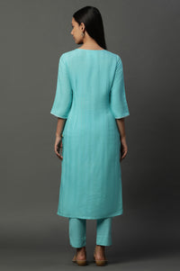 Blue Solid Mirror Embroidered Straight Woven Kurta