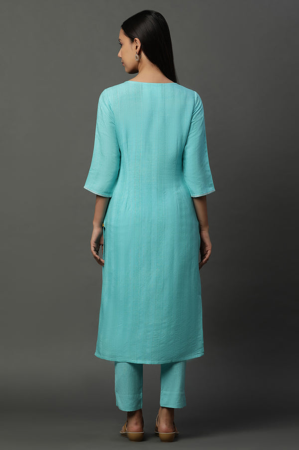 Blue Solid Mirror Embroidered Straight Woven Kurta