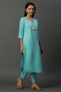 Blue Solid Mirror Embroidered Straight Woven Kurta