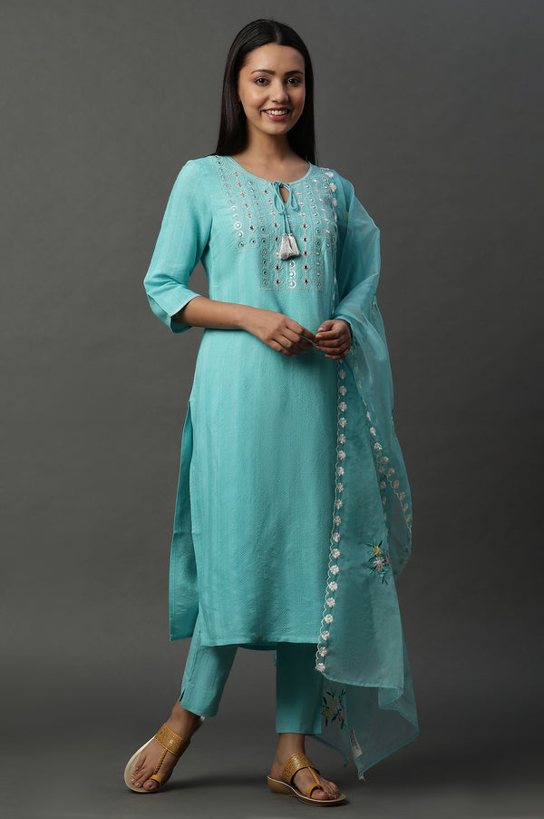 Blue Solid Mirror Embroidered Straight Woven Kurta