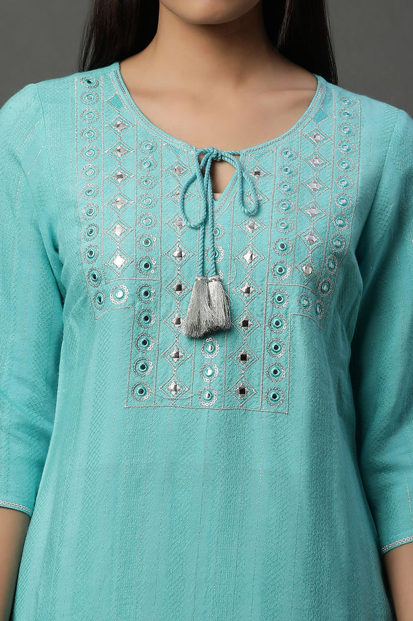 Elleven Women's Blue Mirror Embroidered Straight Kurta