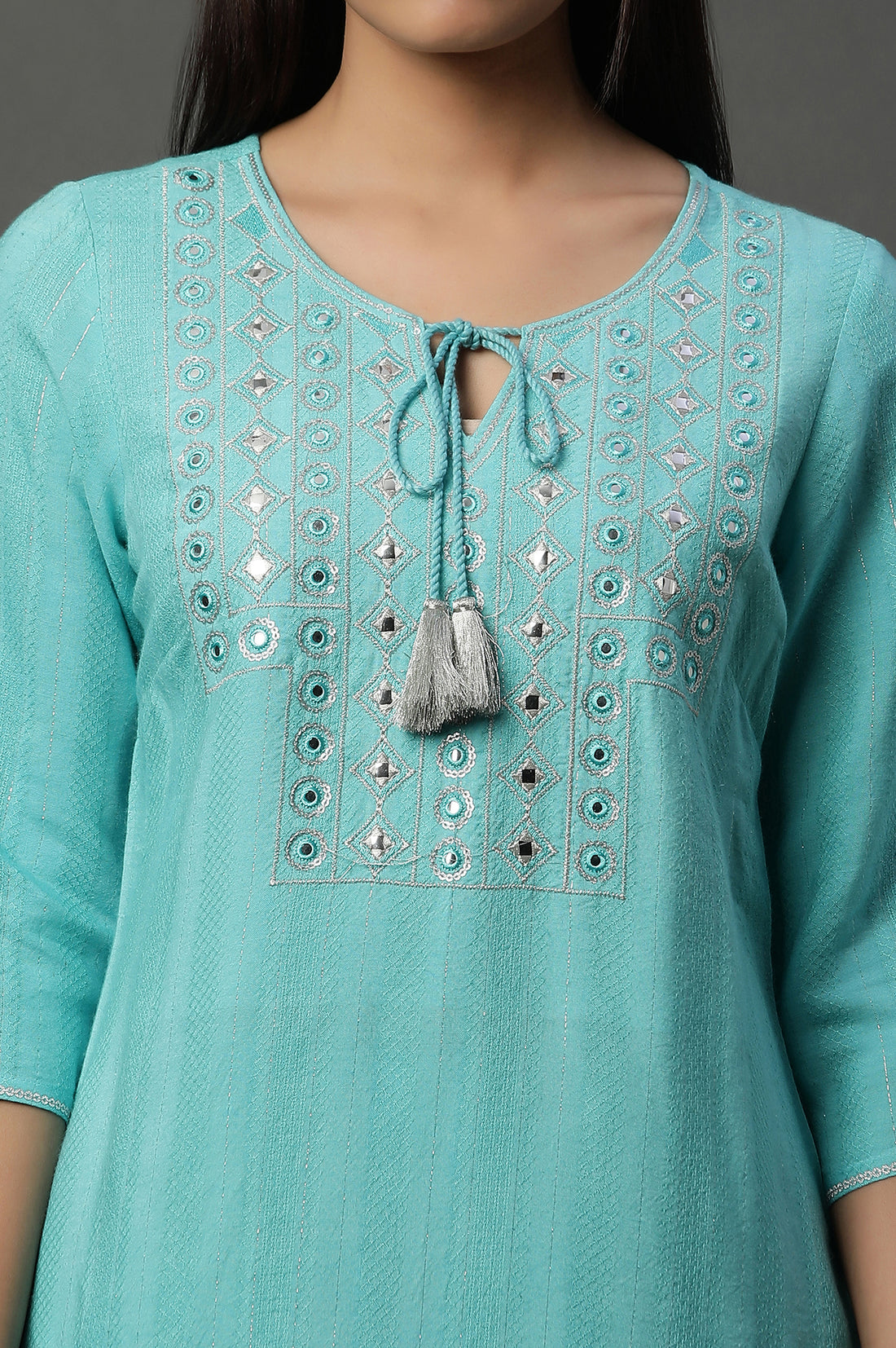 Blue Solid Mirror Embroidered Straight Woven Kurta