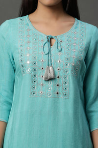 Blue Solid Mirror Embroidered Straight Woven Kurta