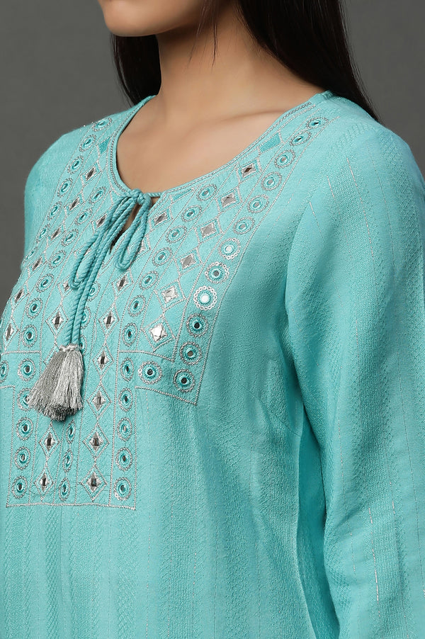 Blue Solid Mirror Embroidered Straight Woven Kurta
