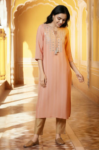 Peach Mirror Work Festive Kurta