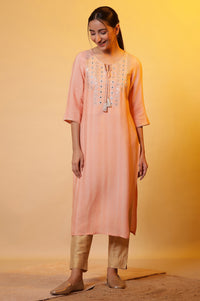 Peach Solid Mirror Embroidered Straight Woven Kurta