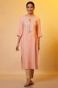 Peach Solid Mirror Embroidered Straight Woven Kurta