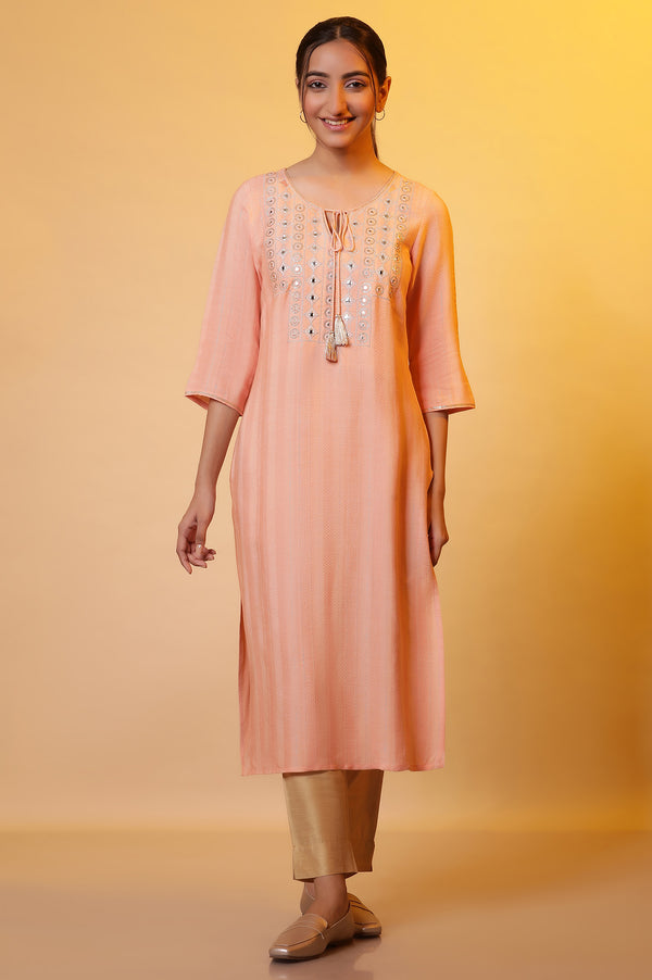Peach Solid Mirror Embroidered Straight Woven Kurta