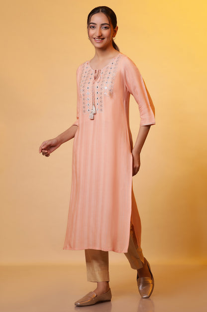 Peach Mirror Work Festive Kurta