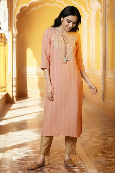 Peach Mirror Work Festive Kurta