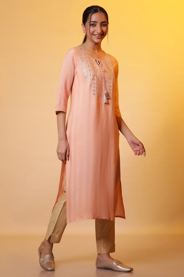 Peach Solid Mirror Embroidered Straight Woven Kurta