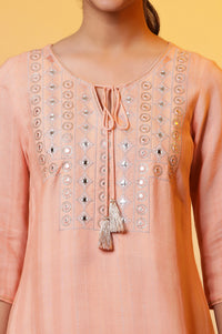 Peach Solid Mirror Embroidered Straight Woven Kurta