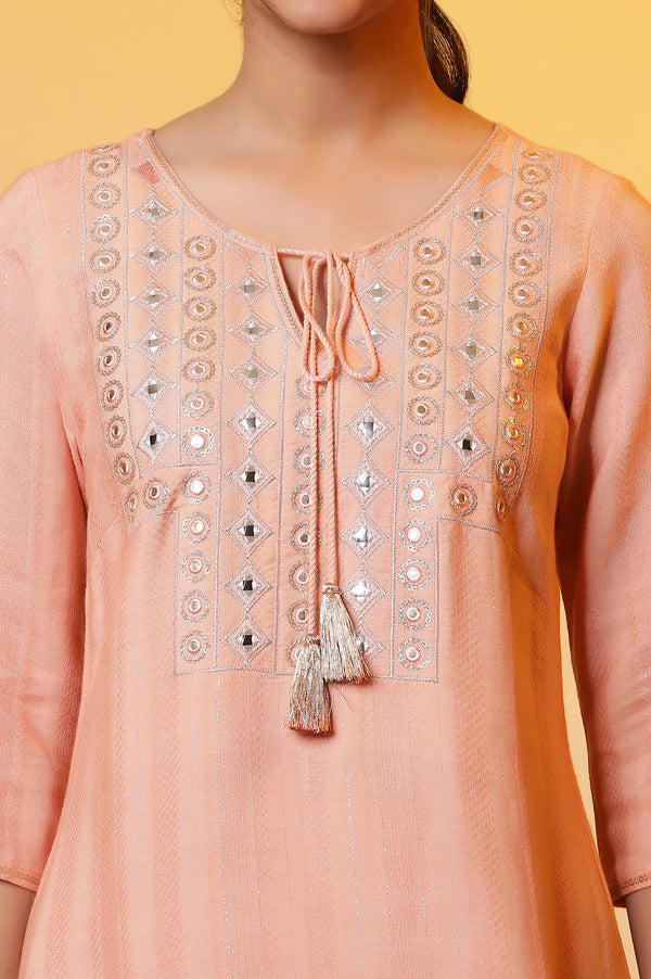 Peach Solid Mirror Embroidered Straight Woven Kurta